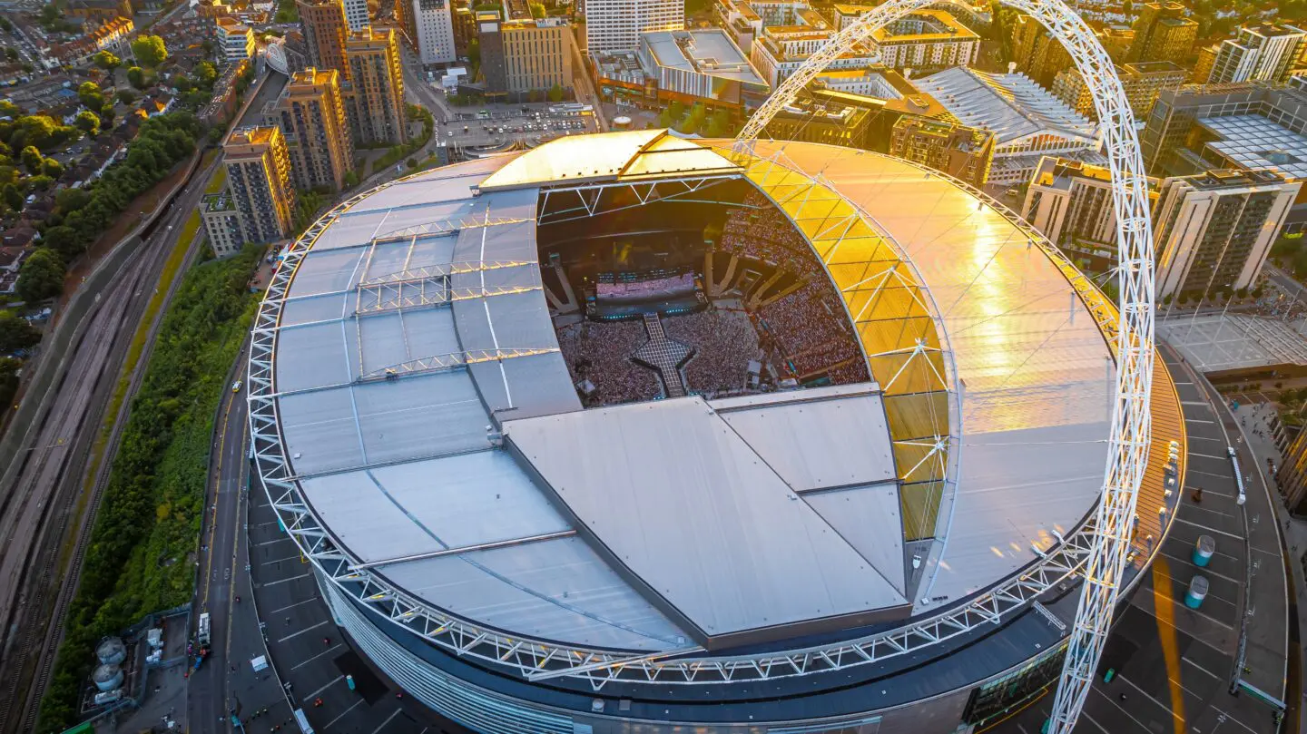 Aerial,View,Wembley,Stadium,At,Sunset,In