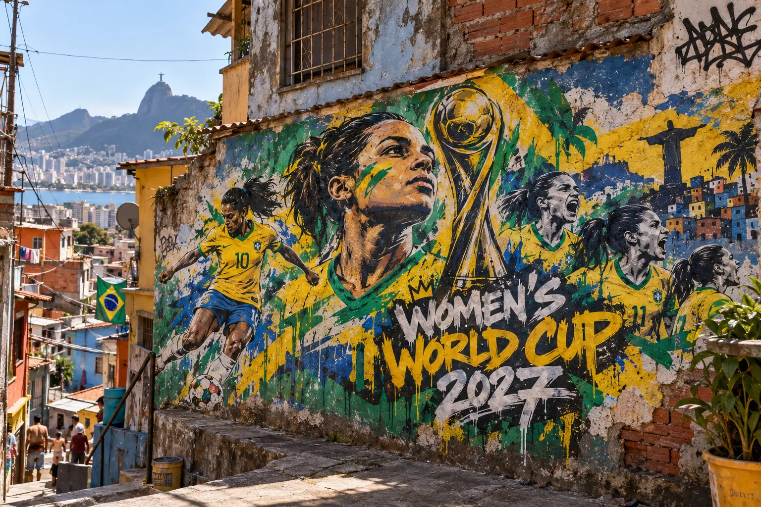 Women's football mural celebrating football culture in Rio de Janeiro
