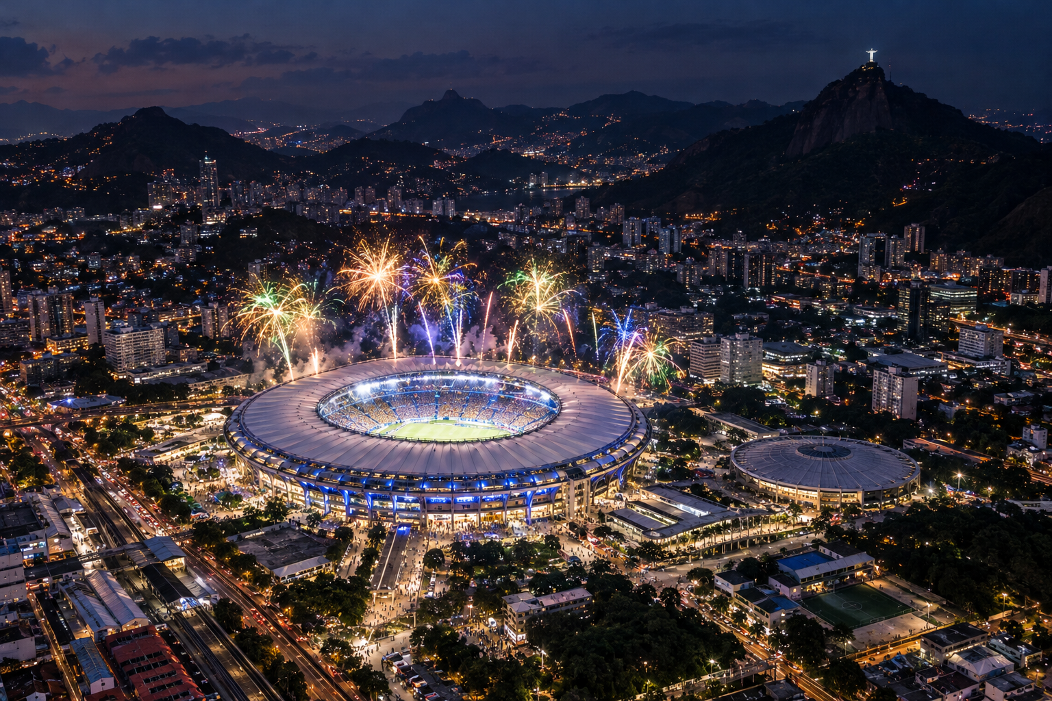 The Maracanã Stadium in Rio de Janeiro illuminated by fireworks